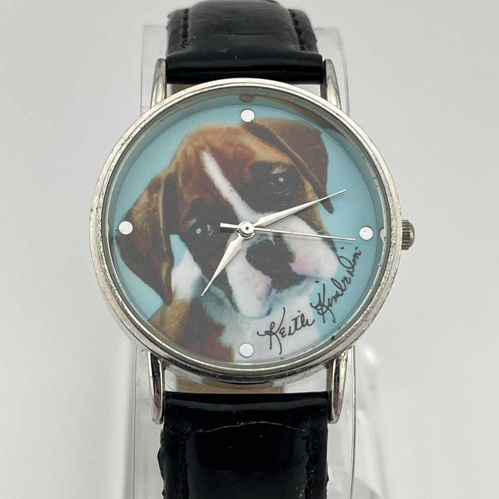 Keith Kimberlin Boxer Dog Watch 35mm Silver Case Black Band- New Battery